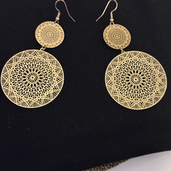 DOUBLE DREAMCATCHER DISC DROP EARRINGS GOLD TONE STUNNING - Picture 6 of 10